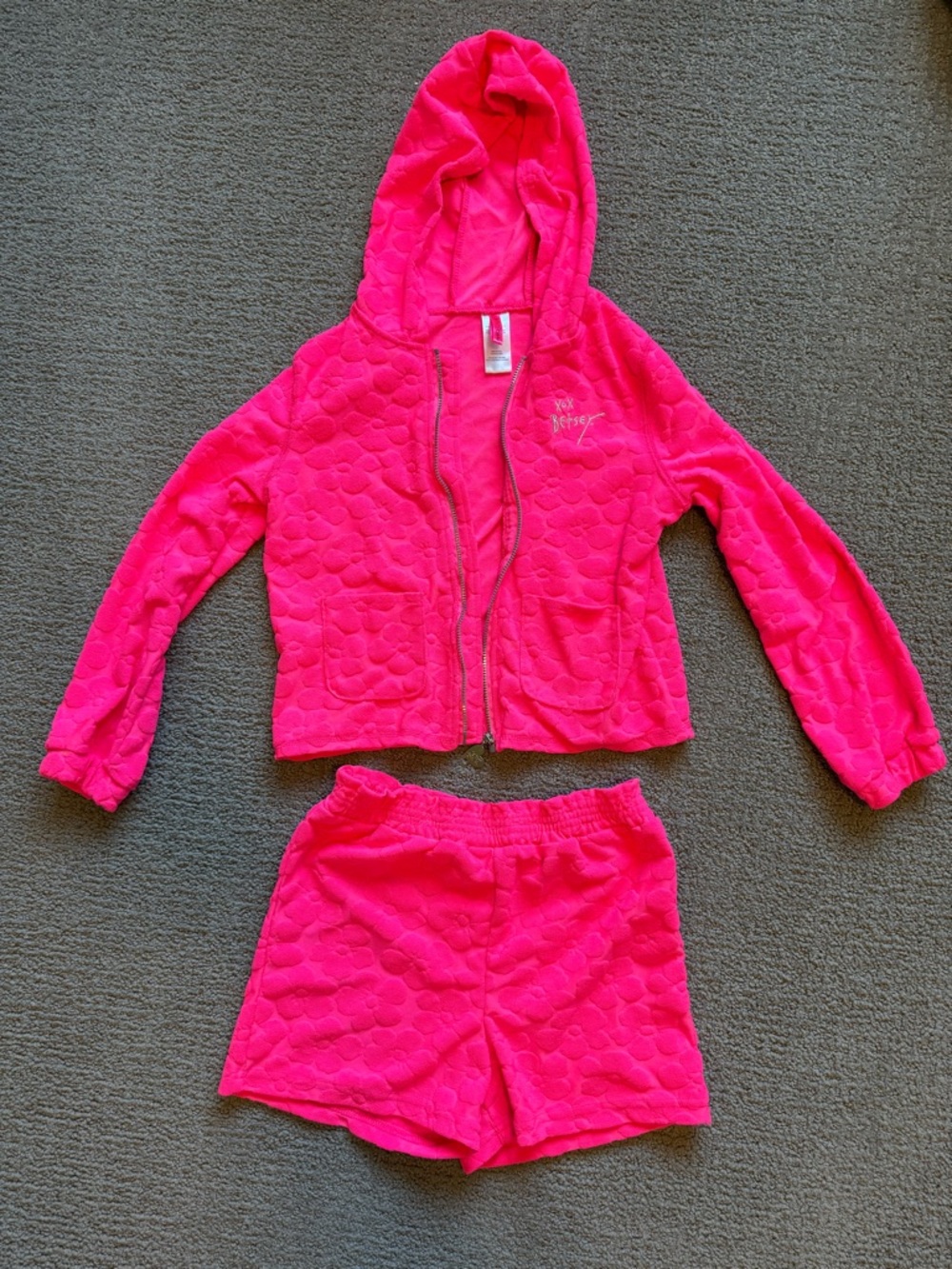 Betsey Johnson Girls Neon Hot Pink Hoodie and Shorts Matching Set